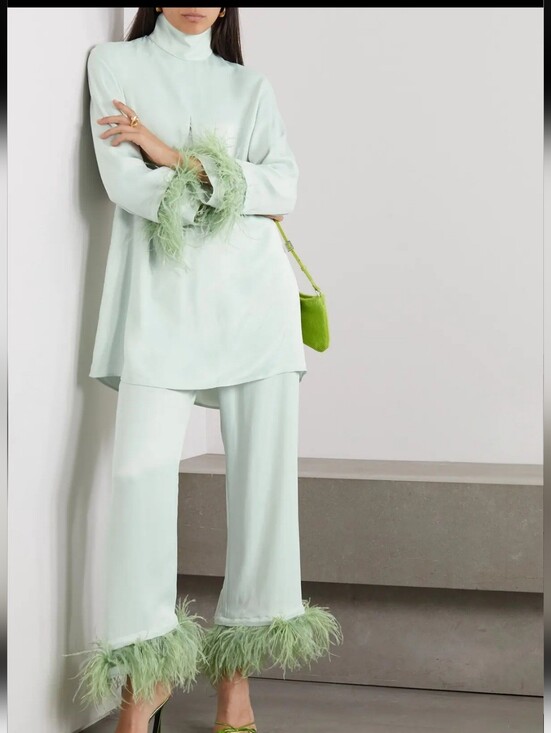 Sleeper Other - RARE Sleeper Net Sustain Feather-Trimmed Satin Pajama Set